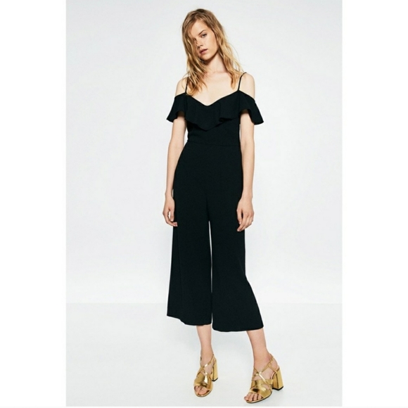 Zara Pants - Zara Womens Black Off the Shoulder Wide Leg Cropped Jumpsuit Medium